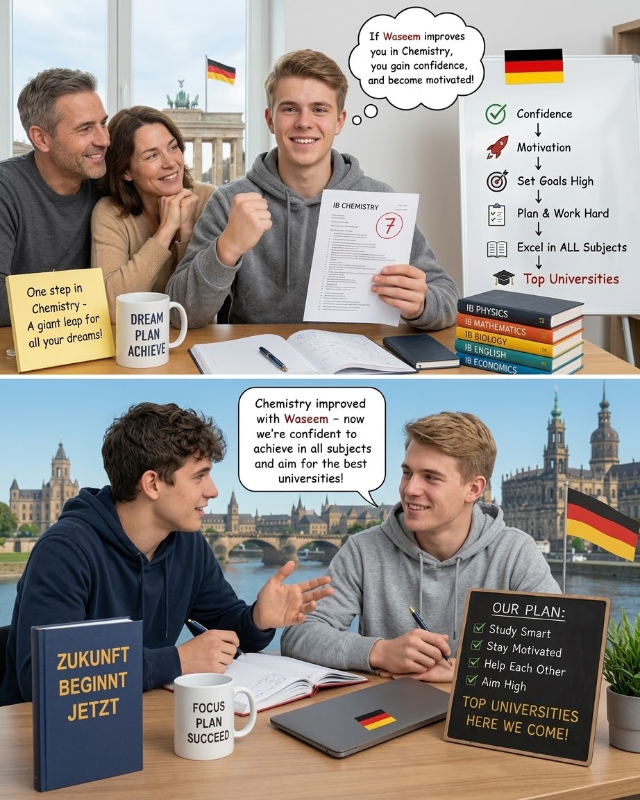 Illustration of an IB student and family in Germany discussing improved confidence in Chemistry and plans for university applications