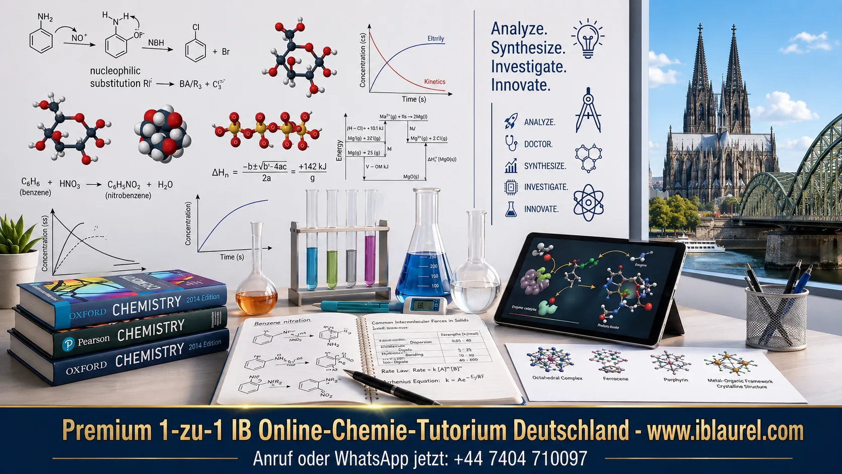 IB Chemistry tuition for Germany: organic mechanisms, kinetics graphs and laboratory glassware, with Cologne Cathedral and the Hohenzollern Bridge on the Rhine