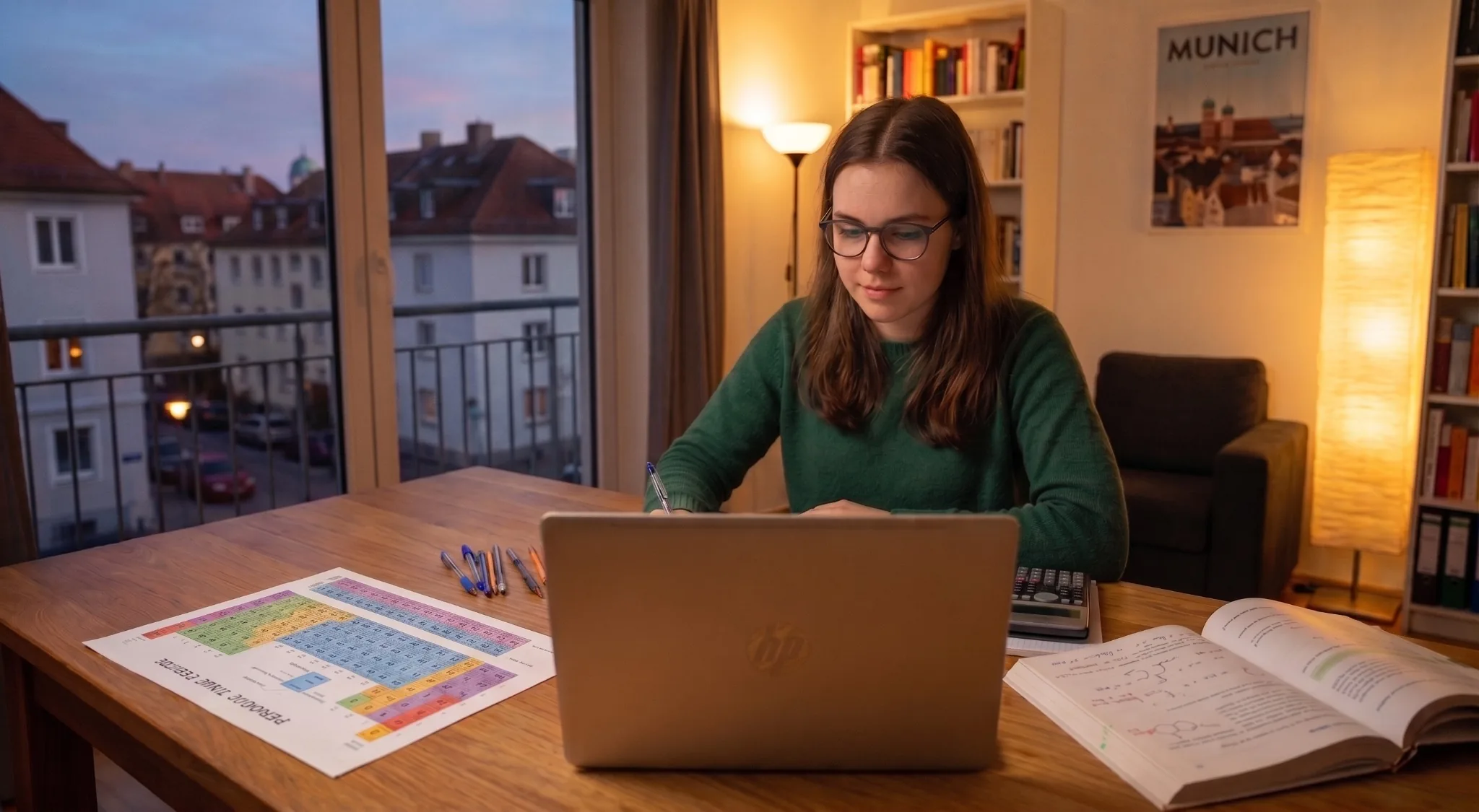 IB Chemistry student in Munich working through periodic table and organic chemistry notes during an evening online lesson