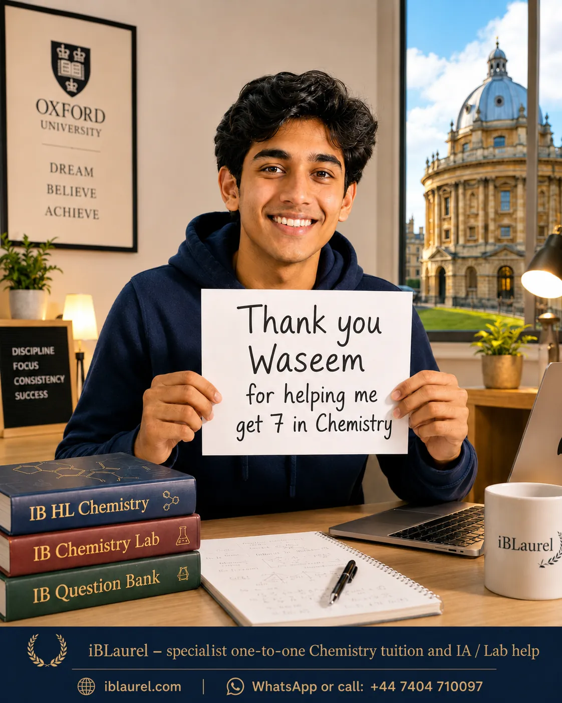 IB Chemistry student holding a handwritten thank-you note after achieving a 7 in IB Chemistry with iBLaurel tuition.
