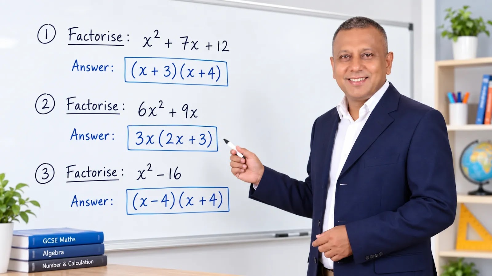 GCSE Maths teacher explaining factorisation of algebraic expressions on a whiteboard