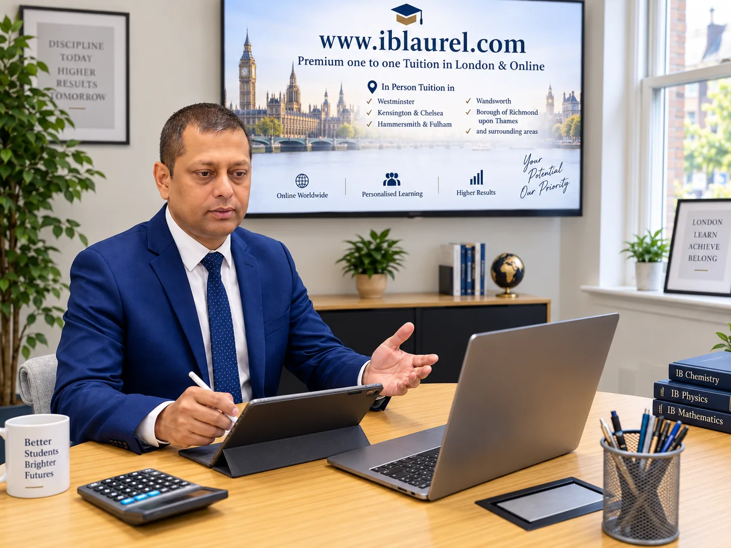 Online one-to-one IB Chemistry tuition session with iBLaurel, showing the London boroughs covered for in-person IB tuition.