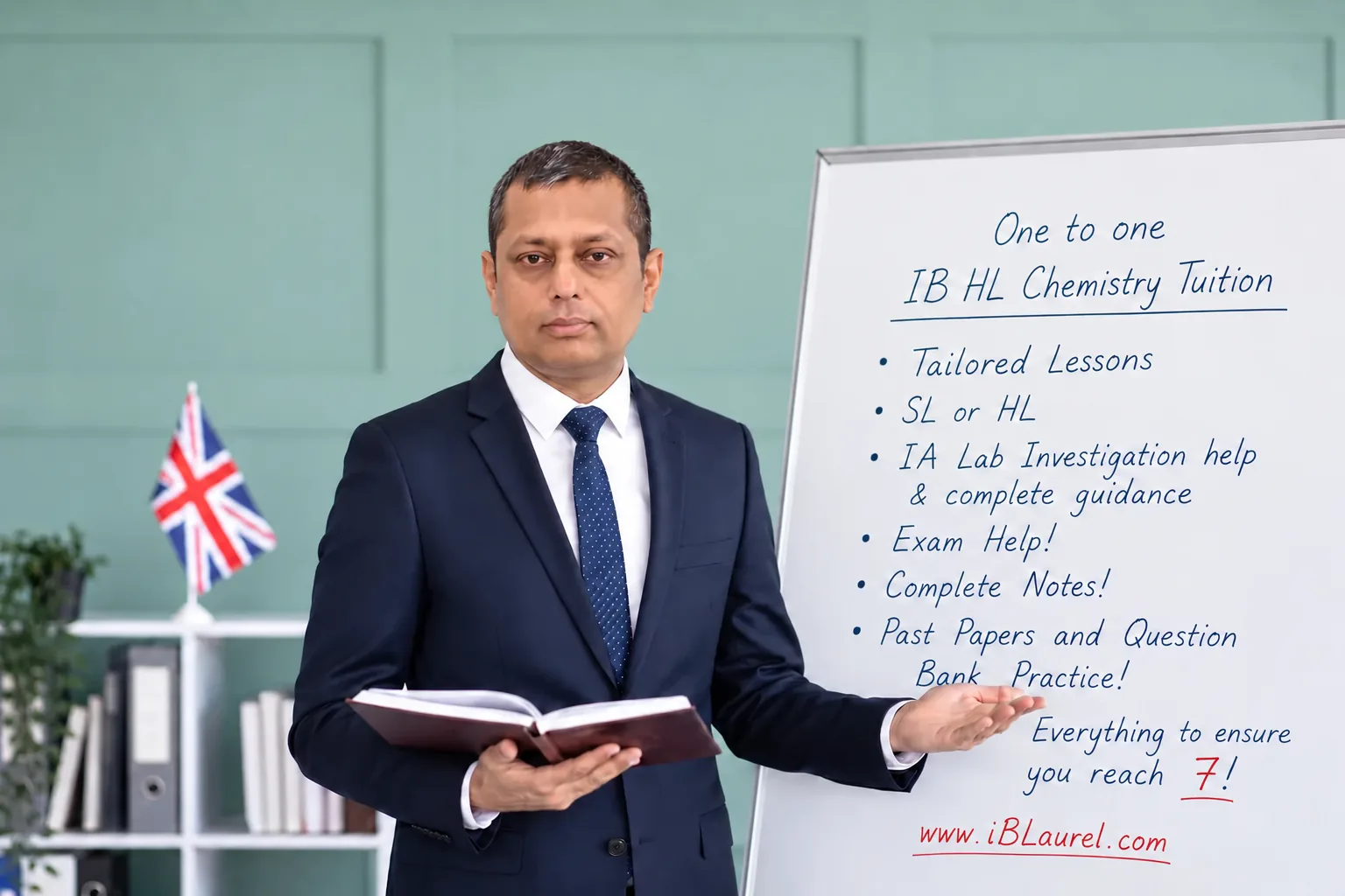 Waseem, IB Chemistry tutor in London, outlining what one-to-one IB HL Chemistry tuition covers: tailored lessons, SL or HL, IA lab investigation help, exam preparation, complete notes and past-paper practice.