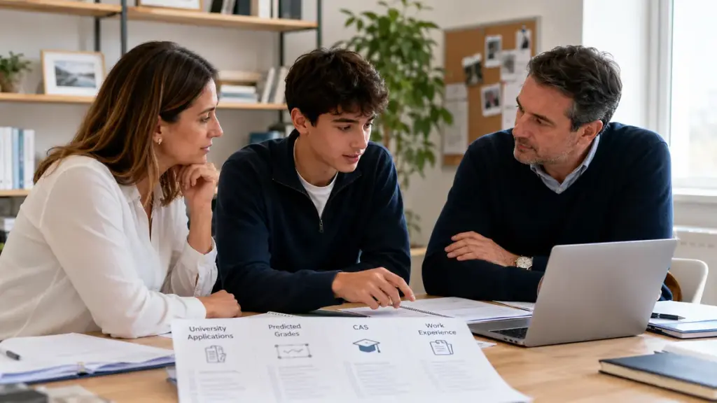 An IB student discussing university applications, predicted grades and CAS planning with a parent and tutor