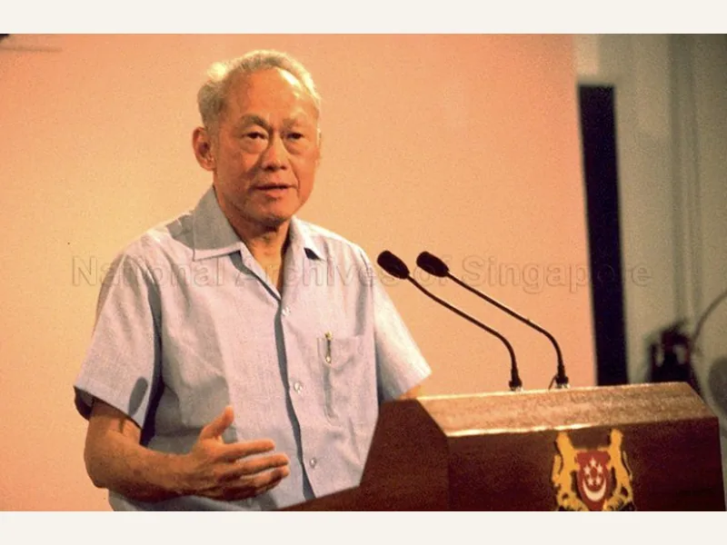 Lee Kuan Yew, founding father and first Prime Minister of Singapore, speaking at a podium