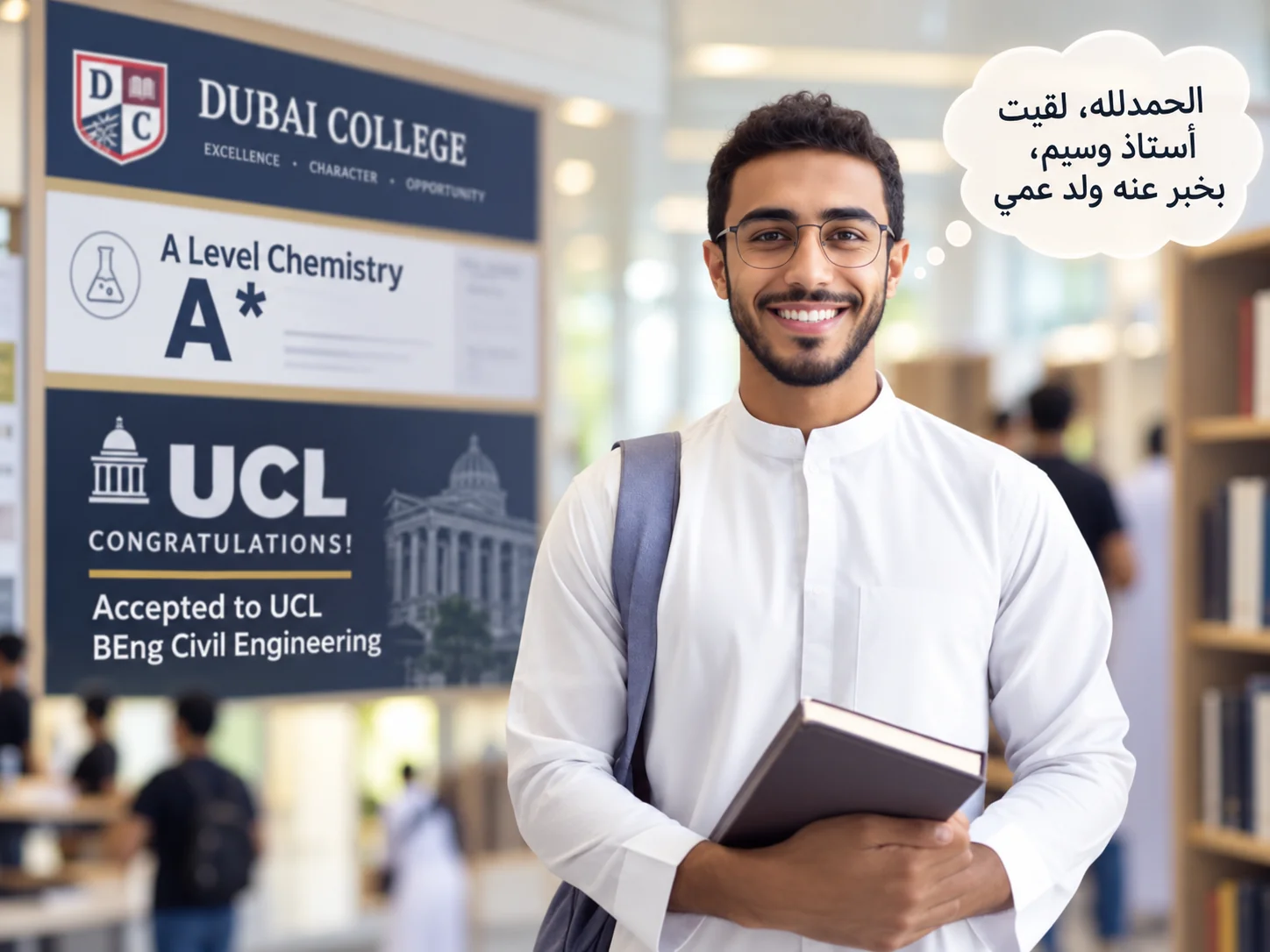 Dubai A Level Chemistry student in front of a noticeboard announcing an A* in Chemistry and a place at UCL