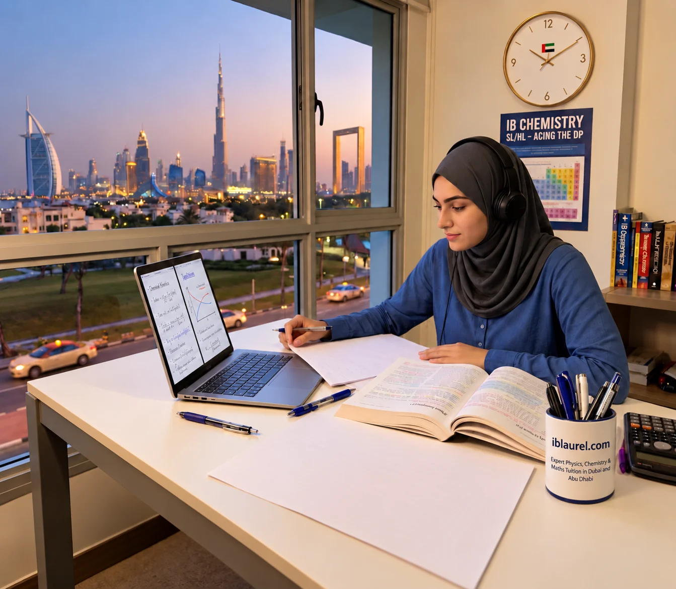 IB Chemistry student in Dubai studying online at home with notes, textbook and laptop