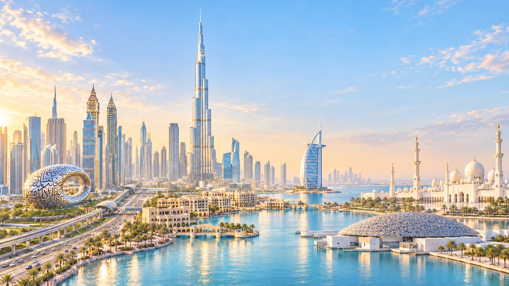 Illustrated UAE skyline with Dubai’s Museum of the Future, Burj Khalifa and Burj Al Arab alongside Abu Dhabi’s Sheikh Zayed Grand Mosque and Louvre Abu Dhabi