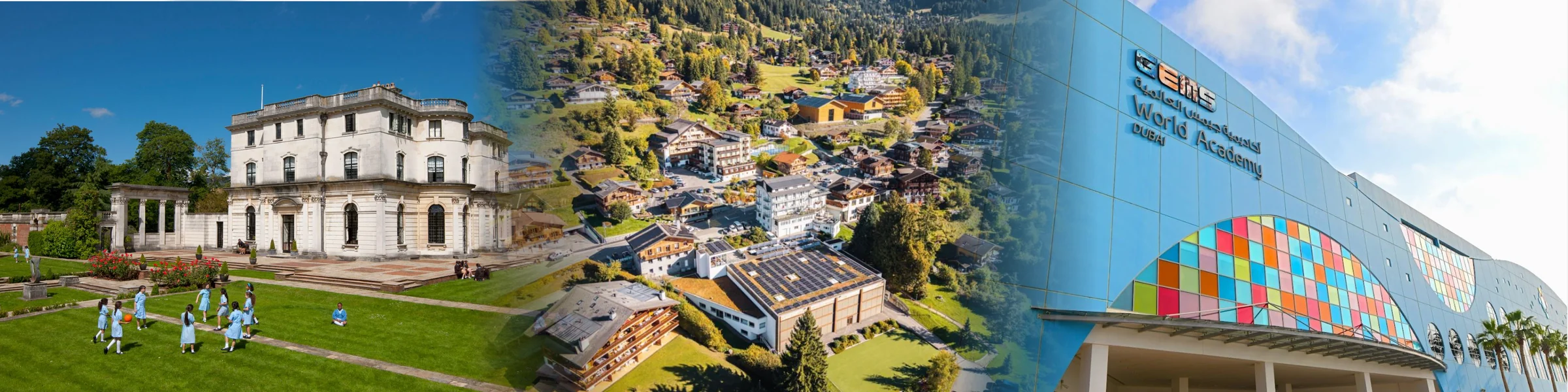 A panoramic montage of international school buildings in the United Kingdom, Switzerland and Dubai