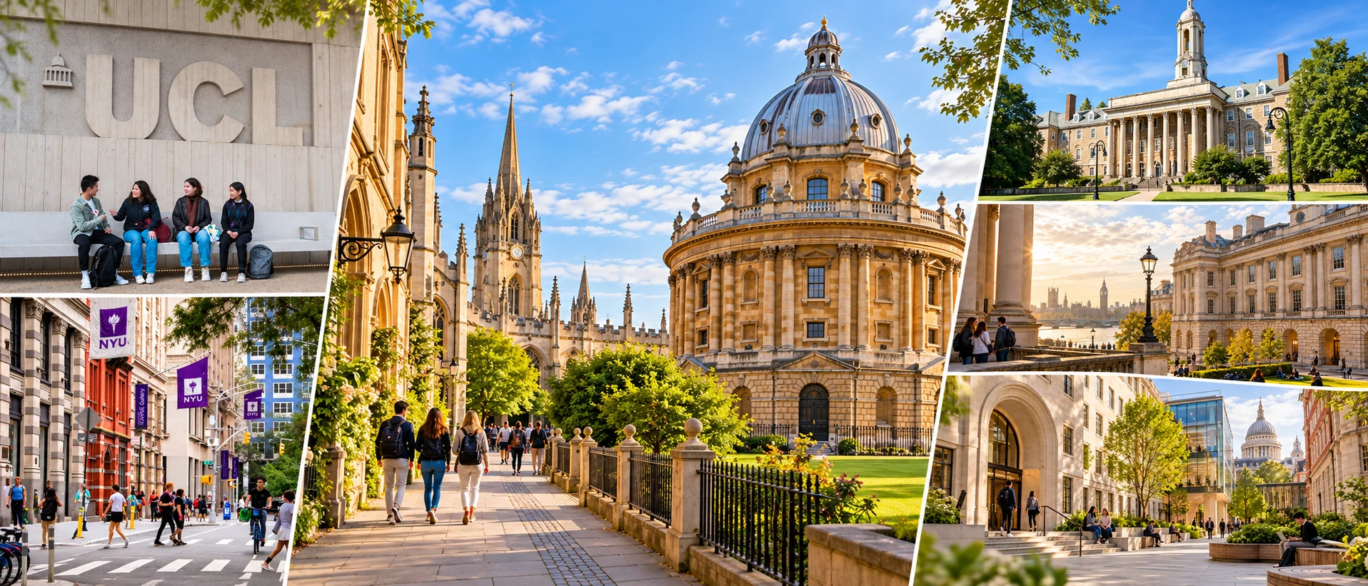 Illustrative university campus montage featuring British and international higher education settings