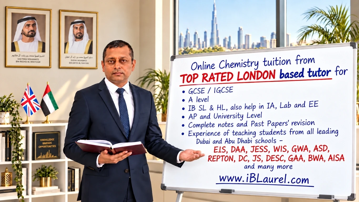 Waseem, London-based Chemistry tutor, beside a whiteboard listing GCSE, IGCSE, A Level, IB, AP and university Chemistry tuition for students in Dubai and Abu Dhabi